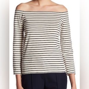 Theory Women’s Arpine K Cream and Black Stripe Off the Shoulder Top Size Small